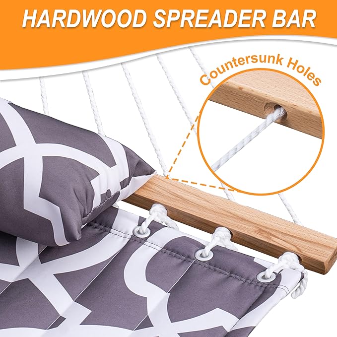 Lazy Daze Quilted Fabric Hammock with 12-Foot Stand, Double 2-Person Hammock with Pillow for Outdoor Outside Patio, Garden, Backyard, 450LB Capacity, Gray Print