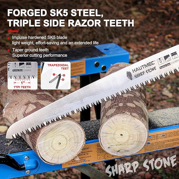 HAUTMEC 12" Pruning Hand Saw, A Pull Stroke Saw with Straight SK5 Steel Blade, Trapezoidal Teeth and Scabbard, for Pruning, Woodworking, Sharp Stone Series, HT0305