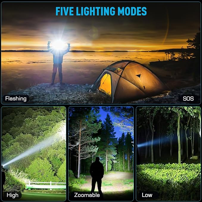 AMAKER LED Rechargeable Headlamp, Super Bright with 5 Modes Head Lamp & IPX7 Waterproof USB Rechargeable Headlight, Zoomable Headlamp for Adults, 90° Adjustable for Camping, Running, Cycling, Climbing