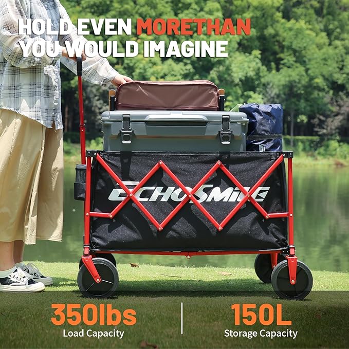 EchoSmile Heavy Duty 350 Lbs Capacity Collapsible Wagon, Outdoor Folding Camping Wagons, Grocery Portable Utility Cart, Adjustable Rolling Carts, All Terrain Sports Wagon with Big Wheels (Black-Red)