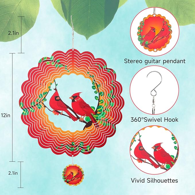 Cardinal Wind Spinners Garden Yard Decor Gift for Women Men, 12 Inch Outdoor Metal 3D Wind Spinner, Stainless Steel Hanging Wind Catchers Kinetic Sculpture for Outside Decoration
