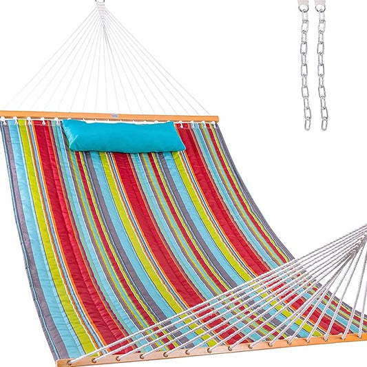 Lazy Daze Hammocks 12 FT Quilted Fabric Double Hammock with Spreader Bars and Detachable Pillow, 2 Person Hammock for Outdoor Patio Backyard Poolside, 450 LBS Weight Capacity, Blue&Red Stripes