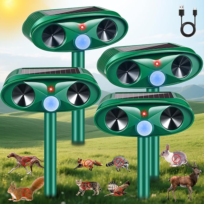 2025 Upgraded Solar Ultrasonic Animal Repeller Outdoor Cat Repellent Deer Repellent Devices with USB Charge, Animal Deterrent Device for Rabbit Raccoon Dog Squirrel Rodent Skunk for Yard Garden,4 Pcs