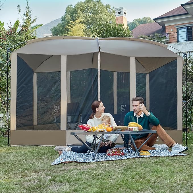 EVER ADVANCED Magnetic Screen House Room 11x9ft, Hands-Free Entry,Screenhouse with Sun Protection for Camping&Picnic, 11x9ftCamping Tent Canopy Shelter with Mesh, Brown