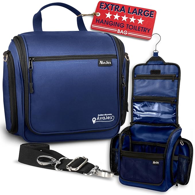 Extra Large Hanging Travel Toiletry Bag for Men and Women - Cosmetic Travel Bag With Shoulder Strap - Waterproof Hygiene Bag with Metal Xxl Swivel Hook and 19 Compartments for Toiletries