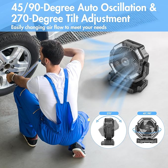 40000mAh Battery Powered Camping Fan - 136H Max Cooling, Rechargeable Battery Operated Oscillating Floor Fan with Charger, Remote & Hook, Portable for Tent Outdoor Patio Garage Hurricane Power Outage