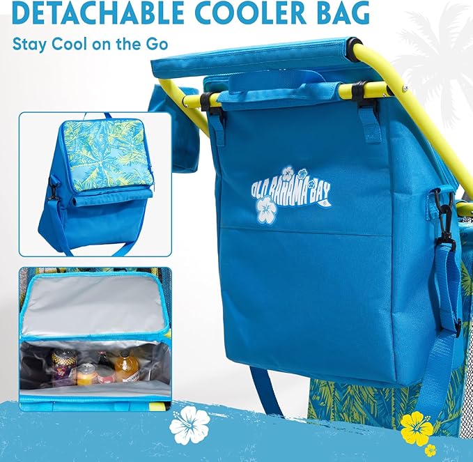 Beach Cart with Big Wheels for Sand, Collapsible All-Terrain Beach Wagon with Cooler Bag & Umbrella Holder, Large Mesh Storage, Supports 100lbs for Camping, Outdoor, Shopping, Palm Print