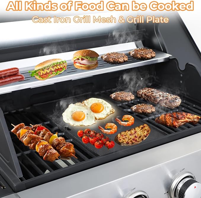 3 Burner Gas Grill with Side Burner, Dual-sided Frying Plate, Thermometer, Wheels, Side Tables, Stainless Steel Burner, 37,230 BTU Outdoor Grill for Patio, Garden, Balcony