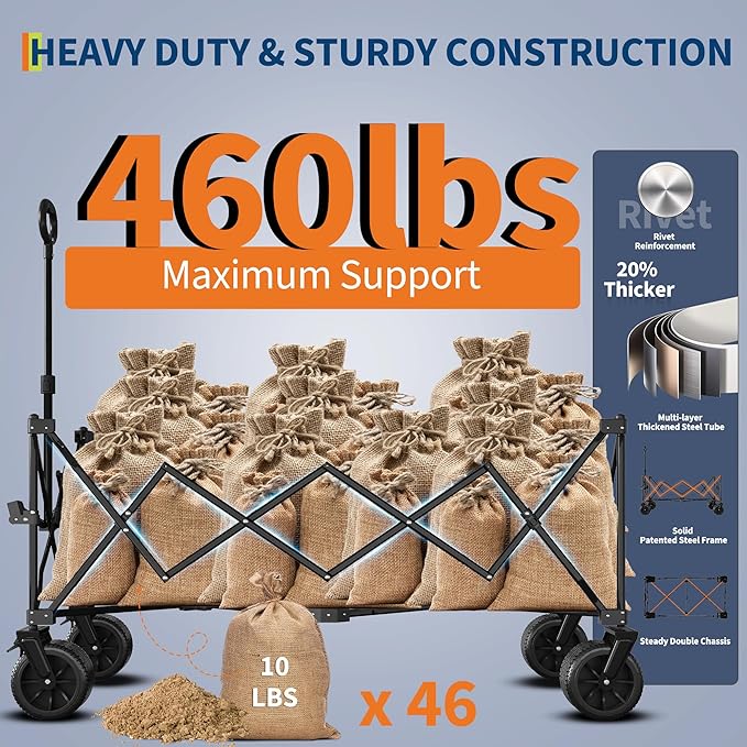 Heavy Duty Foldable Wagon for Beach, Extra Large Collapsible Foldable Wagon for Camping, All Terrain Beach Wagons Extended with Cup Holders for Sand