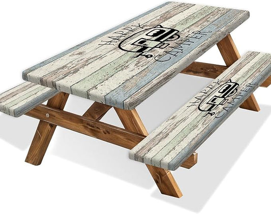 JAWO Picnic Table Covers with Bench Covers Camping Tablecloth 6FT for 6 Person Fitted Picnic Table Cover with Elastic Windproof Waterproof Fabric, Camping Accessories Patio & Outdoor, 3-PCS Set