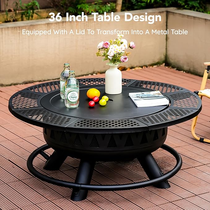 36 Inch Fire Pit with 2 Grills, Large Outdoor Firepits for Outside, Wood Burning Fireplace for Camping,Picnic,Bonfire, 3-in-1 Round Metal Table with Lid for Backyard,Patio,Party