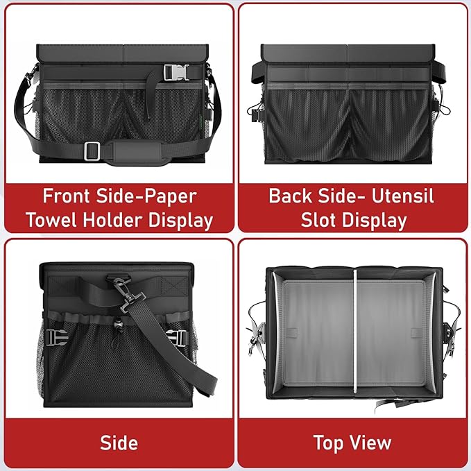 FANGSUN Grill Caddy, BBQ Caddy with Lid & Paper Towel Holder, Picnic Griddle Caddy for Outdoor Camping, Barbecue Accessories Organizer for Utensil Grilling Tool, Must Haves for Camper, Tailgate, RV