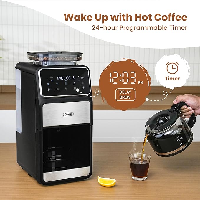 Gevi 10 Cup Drip Coffee Maker with Built-in Grinder, Grind ＆ Brew Burr Combo Coffee Machine with Touch Screen, Programmable, 4-Hour Warm Plate, Permanent Filter, Coffee Carafe