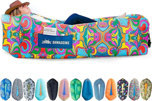 Chillbo Shwaggins Inflatable Couch – No-Pump Setup, Ripstop Polyester, Stability Pegs, Fun Prints, Portable Air Lounger for Beach, Camping, Festivals, and Tailgating - 60s Pyschedelic