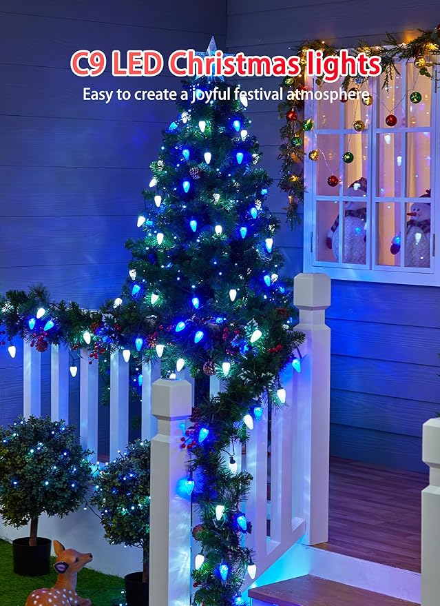 C9 LED Christmas Lights Outdoor, 81 Feet 100 LED String Lights with Timer & 8 Light Mode, Waterproof Commercial Grade Christmas Tree Lights for Outside Indoor Roofline Patio Decor, Blue & Pure White