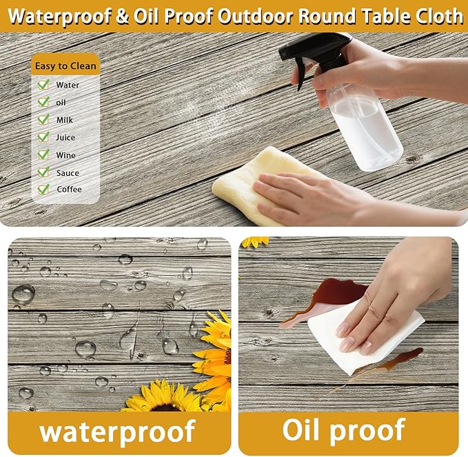 3 Pcs Sunflower Wooden Picnic Table Cover with Bench Covers,6Ft Rustic Sunflower Waterproof Fitted Picnic Table Cloths Retro Wood Texture Elastic Outdoor Picnic Tablecloth for Camping Patio Travel