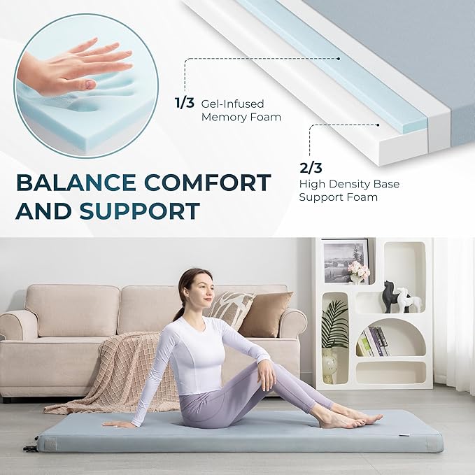 Kingfun Memory Foam Camping Sleeping Pad, CertiPUR-US Camping Mattress Waterproof Roll Up Mattress Guest Bed, Thick Floor Sleeping Mat for Car for Adults with Travel Bag