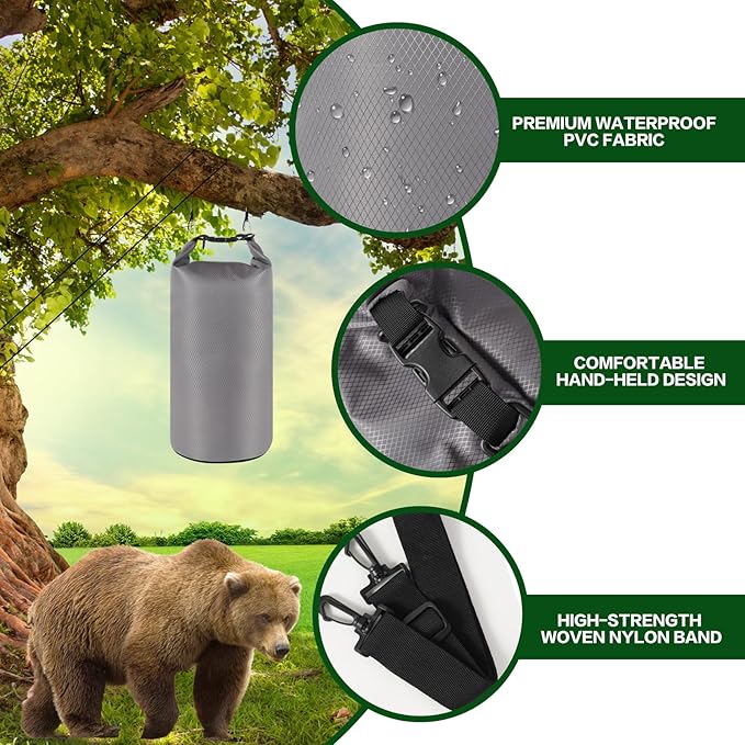 Bear Bag for Camping, Grey Ultralight Food Hanging System Include Waterproof Bear Bag, Nylon Ropes, Carabiner Clip, Bear Bell for Backpacking, Hiking, Outdoor Activity