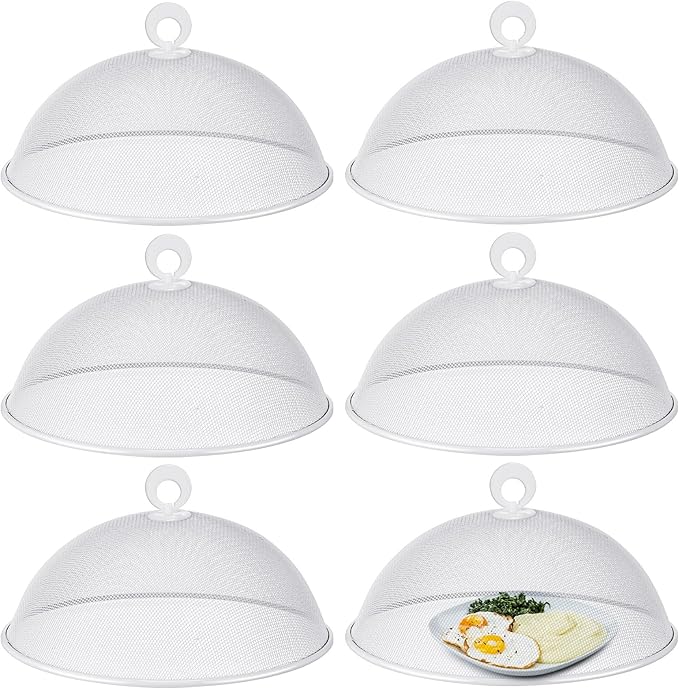 Gerrii 6 Pcs Metal Mesh Food Cover Outdoor Mesh Food Tents Dome Screen Plate Covers for Dinner Plates Reusable Fruit Fly Nets Picnic Umbrella for Table, BBQ, Camping, Party (White,14 Inch)