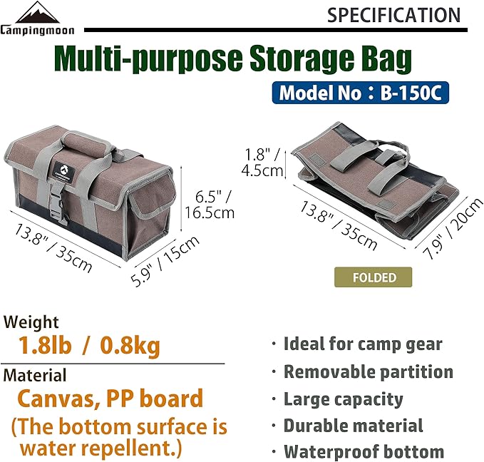 CAMPINGMOON 13.8-inch Bottom Waterproof Outdoor Camping Tent Stakes Hammer Multi-Container Storage Bag B-150C