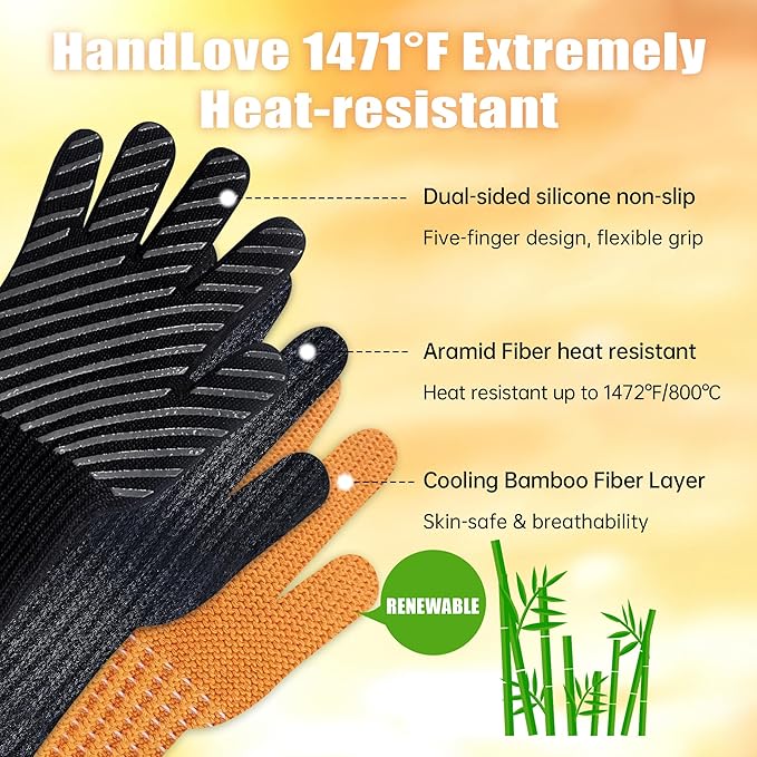 HandLove BBQ Gloves, Oven Gloves with Fingers –1472℉ Heat Resistant Gloves for Grilling | Aramid Retardant Non-Slip Grip, Bamboo-Lining Fire, Black,M