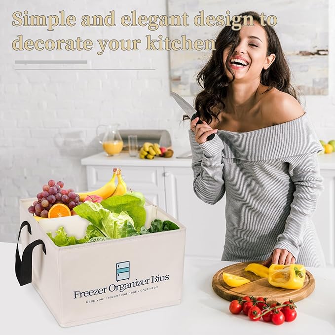 Freezer Organizer Bins, 2 Pack Collapsible Deep Freezer Organizer Bins for 15"x14"x9", freezer Storage Bins with Removable Dividers, Handles (Light Grey, 2 Pack)