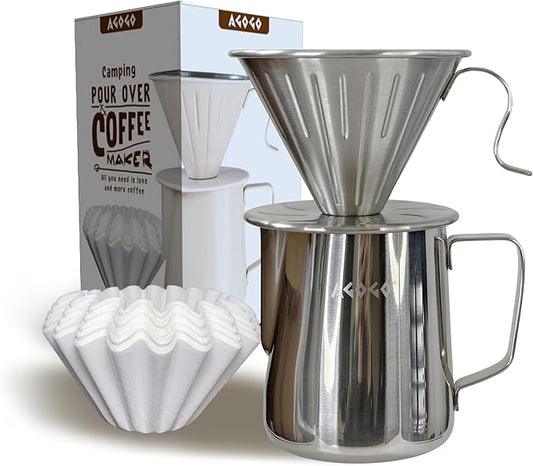 AGOGO Camping Pour Over Coffeemaker Set with Paper Filter Stainless Steel (Silvery, 600ml)