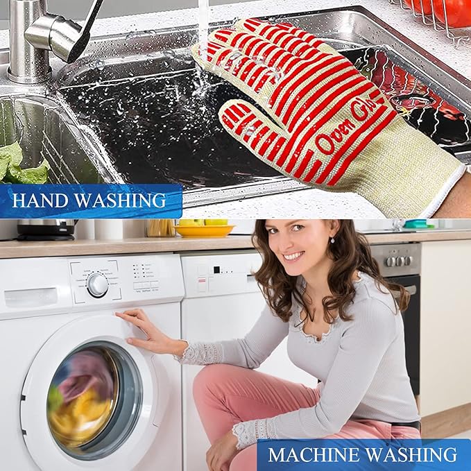 Oven Gloves, Heat Resistant 540 Degrees Grilling Gloves, Hot Surface Handler Non-Slip Silicone Oven Mitts with Fingers, BBQ Gloves for Cooking/Kitchen/Baking, Pack of 2