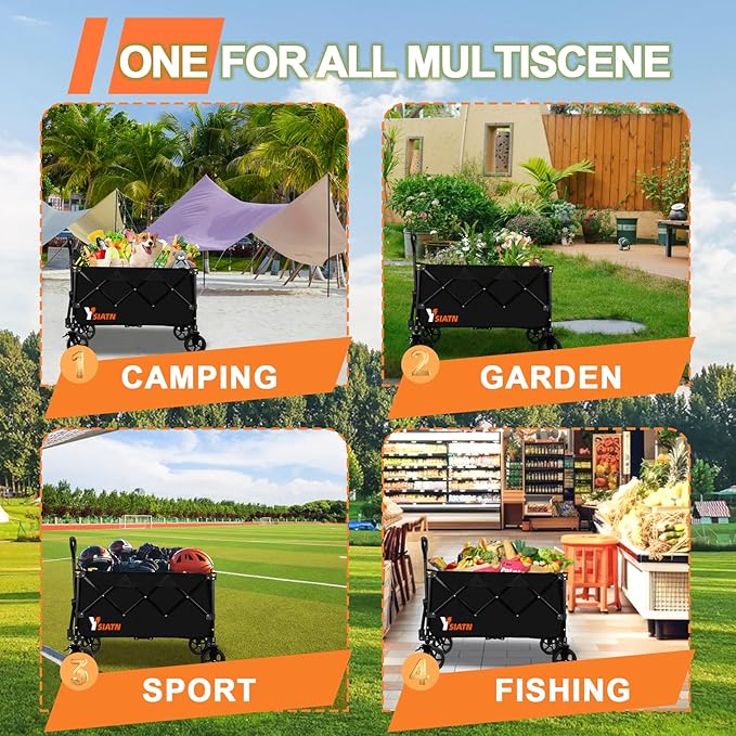 Collapsible Wagon Cart with Brake, Foldable Wagon Cart with All Terrain Wheels, Large Grocery Carts On Wheels, Heavy Duty Utility Wagons for Shopping Beach Sports Fishing Camping, 130L, Black