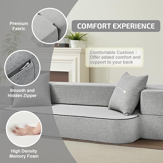2-in-1 Folding Sofa Bed with Pillows - Folding Chair Floor Couch & Sleeping Mattress - Washable Cover & Memory Foam Sleeper Chair for Living Room/Guest Room/Apartment/Loft, Light Gray, Twin XL