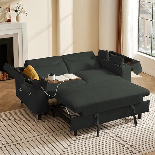 66" Pullout Couch Sleeper Sofa with Hidden Side Table, Storage Armrests & USB Charging – Convertible Sofa Bed with Spring Mattress & Wood Frame, Great for Small Spaces (ZY-2027-Dark Gray)