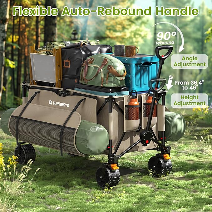 Collapsible Wagon Cart with Wheels, Foldable 440lbs 300L Heavy Duty Folding Wagon for Sports, Beach, Grocery, Camping, Coffee Brown - Upgraded Effortless Elegance