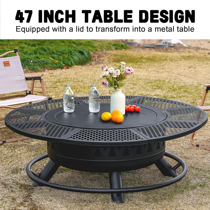 47 Inch Fire Pit with 2 Grills, Outdoor Extra Large Firepits for Outside, Wood Burning Fireplace for Camping,Picnic,Bonfire, 3-in-1 Round Metal Table with Lid for Backyard,Patio,Party