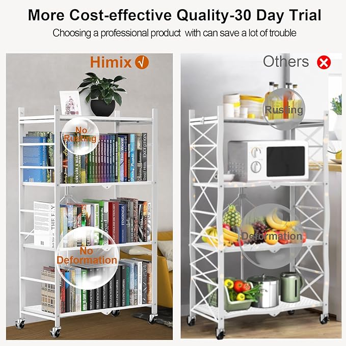 Himix Storage Shelves with 20 Hooks, 4-Tier Foldable Shelves for Storage, Folding Shelf Unit Pantry Shelves with Wheels, Metal Shelving Storage Rack Shelf for Kitchen Garage Home, White - No Assembly