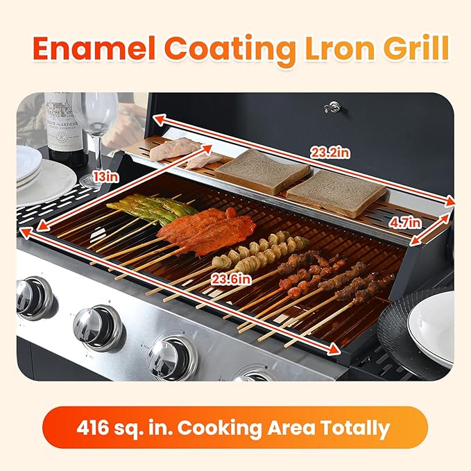 4-Burner Propane Gas BBQ Grill with Porcelain-Enameled Cast Iron Grates and 2 Foldable Side Tables, 34,000 BTU Stainless Steel Grill for Outdoor Camping Barbecue Grilling Backyard Cooking