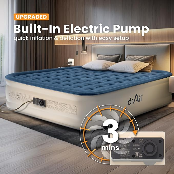 King Air Mattress, 18” Raised Inflatable Bed with Built-in Pump, Waterproof Velvety Top, Ergonomic Design, Reinforced Support, and Carry Bag for Home, Camping, and Guests