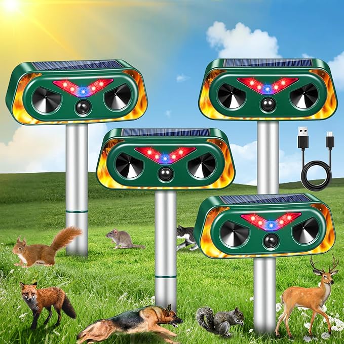 2025 Solar Animal Repellent Ultrasonic Cat Repellent Outdoor with Motion Sensor & Flashing Lights,Ultrasonic Control for Deer, Squirrel,Raccoon,Rabbit,Fox,Skunk Deterrent for Yard Garden,4 Pack