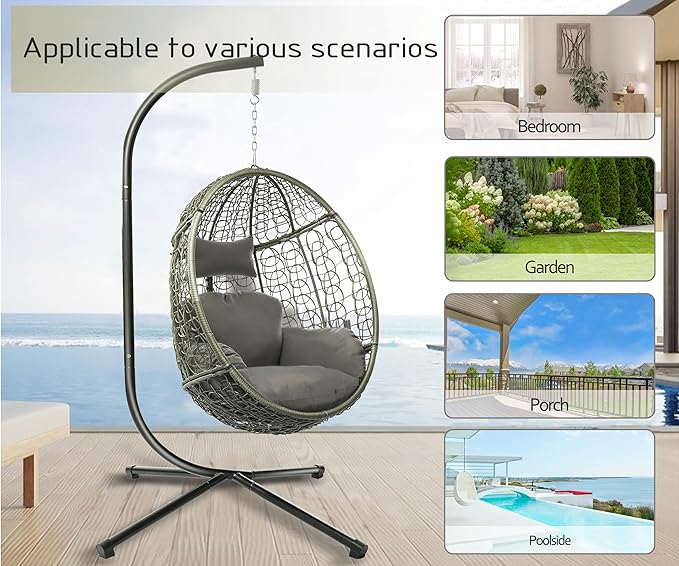 DoubleTT Indoor/Outdoor Egg Chair with Stand, Swing Hammock Hanging Chair Nest Basket, UV Resistant Removable & Washable Cushions,350LBS Capacity for Bedroom, Balcony, Garden