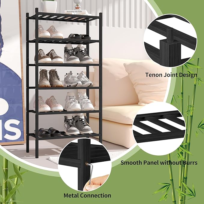 6-Tier Bamboo Small Shoe Rack, Free Standing Wood Shoe Shelf Storage Organizer for Closet Entryway Stackable (Black)