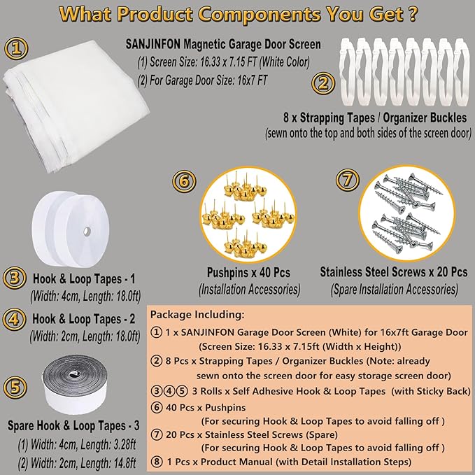 Garage Magnetic Door Screen 16x7FT White, Garage/Patio/Porch/Balcony Screen Door Mesh 16x7 FT, Upgraded Fiberglass Stronger Than PET and Polyester, Heavy Duty Weighted Bottom & Magnetic Closure