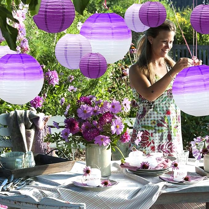 14 PCS Paper Lanterns, Gradient Purple Round Paper Decorative Lantern Lamps, Hanging Lanterns Chinese Tissue Indoor Room & Outdoor Party Supplies Decoration