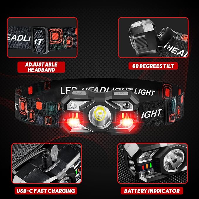 Headlamp Rechargeable 2Pack, 3000 Lumen Ultra-Light Bright Headlamp Flashlight with White Red Light, LED Headlight Motion Sensor, 5+5 Mode for Outdoor Camping Fishing Running Hiking