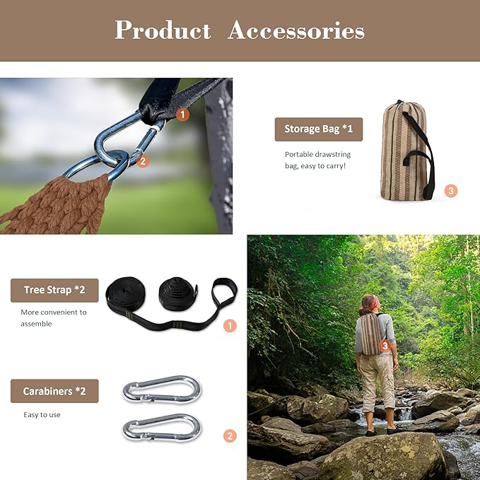 SUNCREAT Hammocks Double Hammock with Curved Spreader Bar, Outdoor Camping Portable Hammock with Carrying Bag & Tree Straps for Patio, Backyard, Balcony, Max 450lbs Capacity, Brown