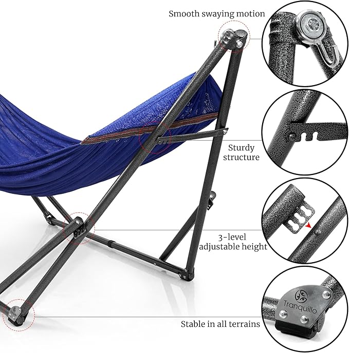 Tranquillo Universal Hammock 600 lbs Capacity, Instant 20s Foldable Hammock Stand, 3-Year Warranty Hammock with Stand, 2 Person Camping Hammock Revolutionary Portable, No Screws, Premium, Blue
