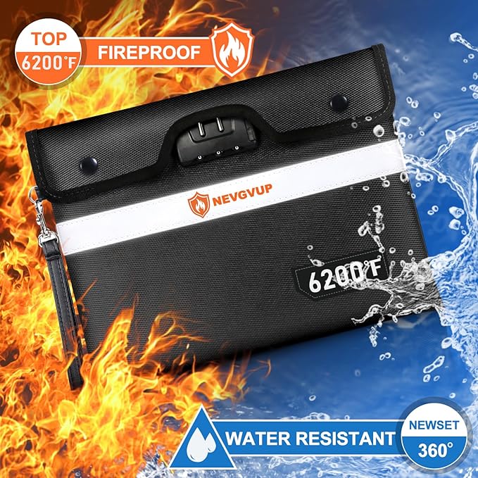 6200°F Upgraded Fireproof Money Bag with Lock, Fireproof Bag for A5 Documents w. Zipper/Reflective Strip, 9 Layers of Heat Insulated Materials, Water Resistant Fire Proof Money Bags for Cash,Valuables