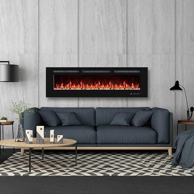 65 Inch Electric Fireplaces Inserts, Recessed & Wall-Mounted Fireplace Heater with Thermostat, Multicolor Flames,Timer, Log & Crystal, 750/1500W Black