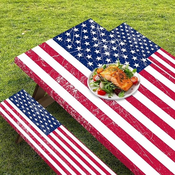 CAPSCEOLL Elastic Picnic Table Cover with Bench Covers 5Ft Waterproof Fitted Picnic Table Cover Cloths for Outdoors Camping Tablecloth with Drawstring Bag, 60X30in, American Flag