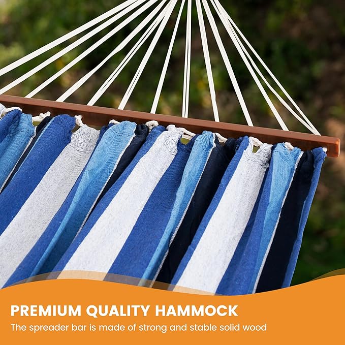 Lazy Daze Hammocks Cotton Fabric Spreader Bar Hammock, Outdoor Portable Hammock with Carrying Bag & Tree Straps for Bedroom, Patio, Backyard, Balcony, Max 450lbs Capacity, Blue