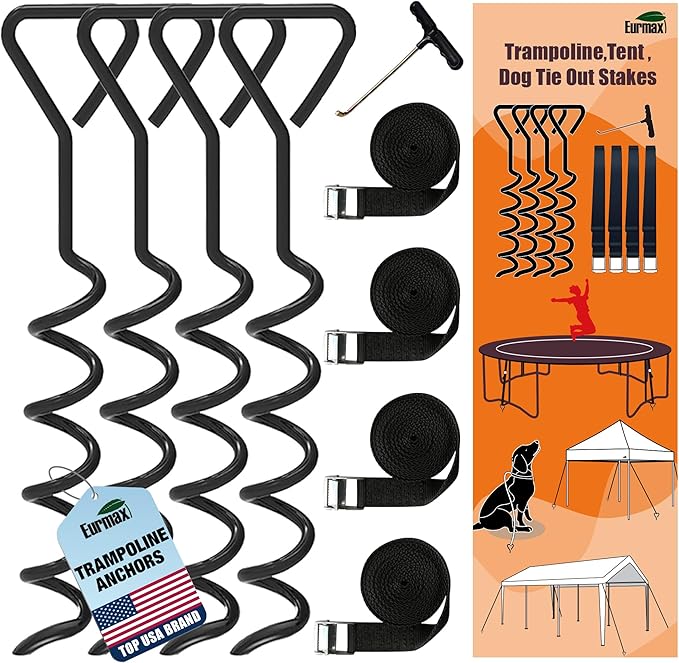 Eurmax USA Trampoline Stakes Heavy Duty Trampoline Parts Corkscrew Shape Steel Stakes Anchor Kit with T Hook for Trampolines -Set of 4 Bonus 4 Strong Belt,Black