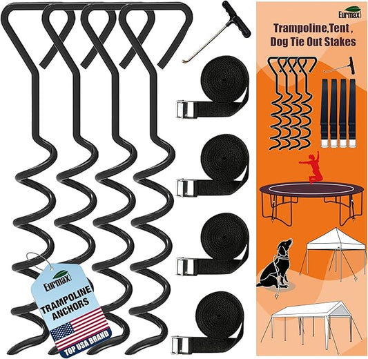 Eurmax USA Trampoline Stakes Heavy Duty Trampoline Parts Corkscrew Shape Steel Stakes Anchor Kit with T Hook for Trampolines -Set of 4 Bonus 4 Strong Belt,Black
